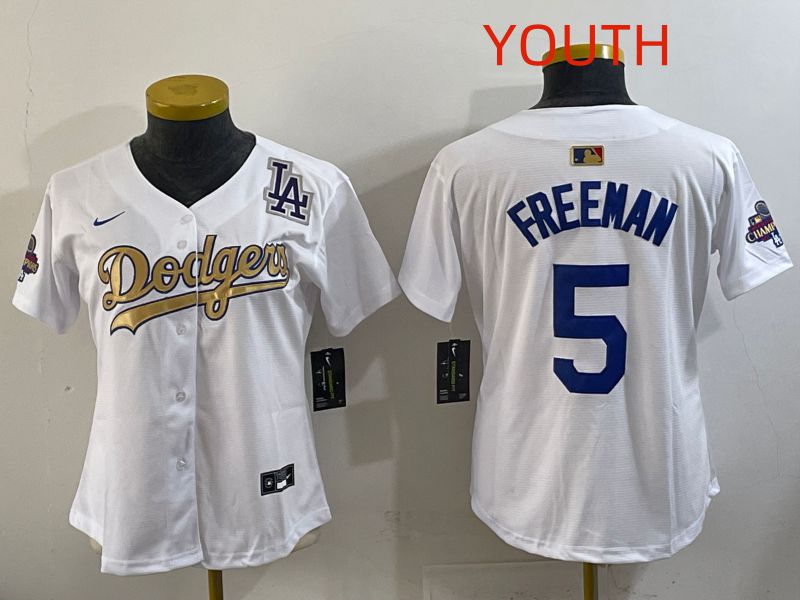 Youth Los Angeles Dodgers #5 Freeman White Champion edition Nike MLB Jersey style 005->youth mlb jersey->Youth Jersey